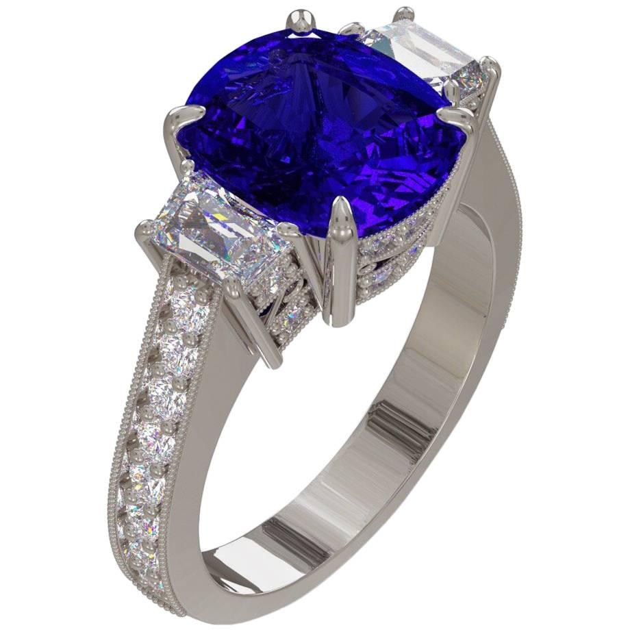 Emilio Jewelry 4.50 Carat Gem Quality Royal Blue Cushion Sapphire Diamond Ring