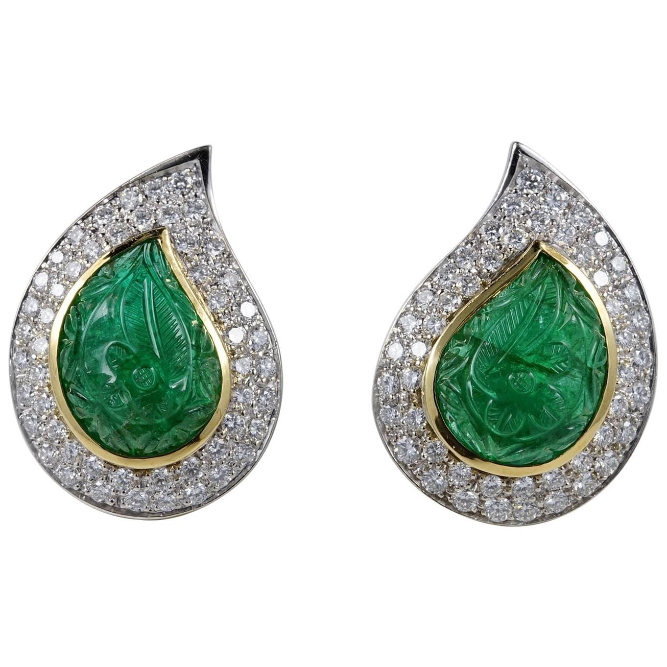 22.0 Carat Carved Mughal Emerald 3.0 Carat Diamond Rare Earrings For Sale