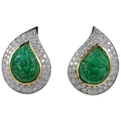 22.0 Carat Carved Mughal Emerald 3.0 Carat Diamond Rare Earrings