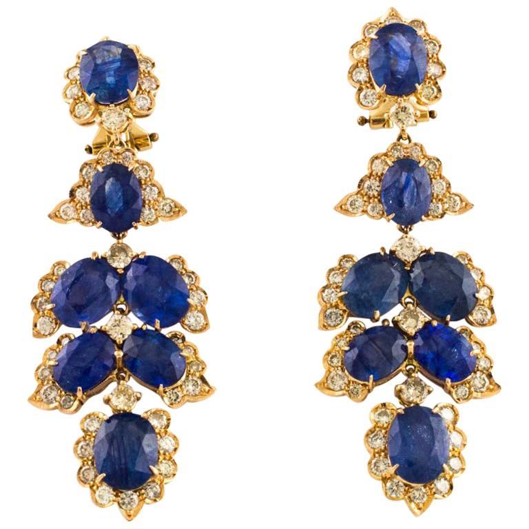 Diamonds Sapphires Rose Gold Dangle Earrings For Sale