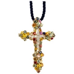 Vintage Diamonds Multicolour Sapphires Rose Gold Cross Pendant 