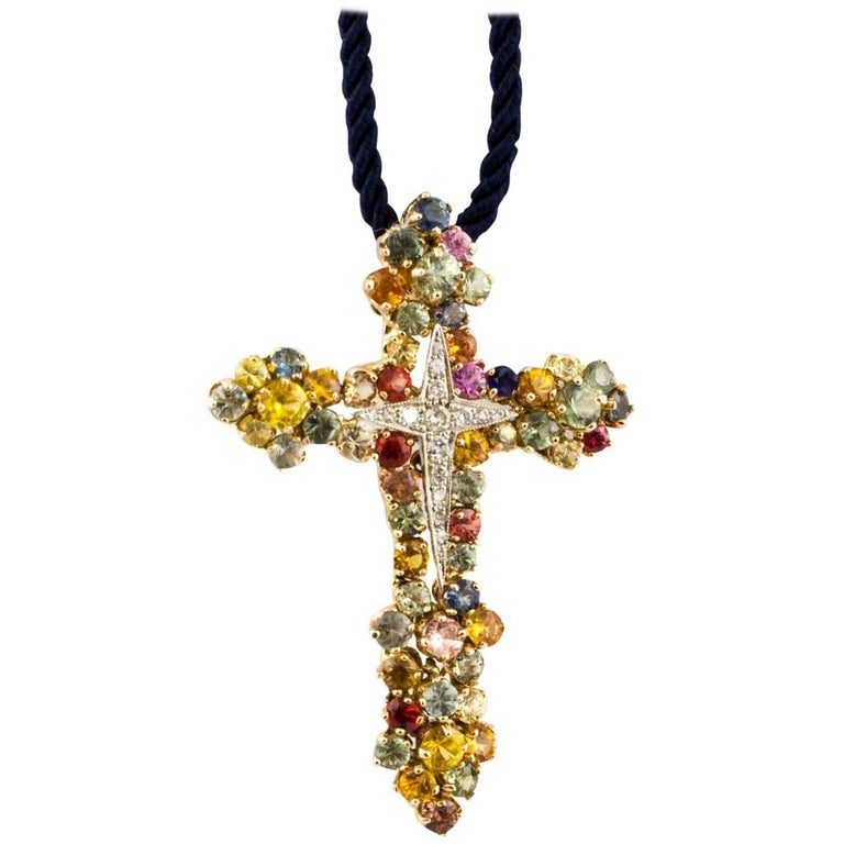 Diamonds Multicolour Sapphires Rose Gold Cross Pendant For Sale at 1stdibs