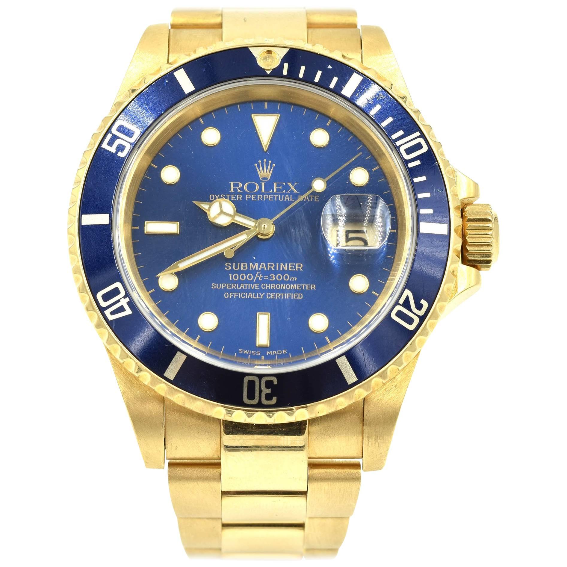 Rolex Submariner Oyster Watch 18k Yellow Gold 16618 