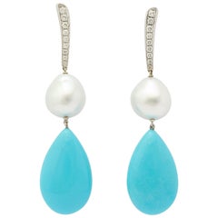 18 Karat White Gold Diamond, Pearl and Turquoise Drop Earrings