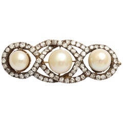 Antique Silver-Topped Gold Natural Pearl and Diamond Brooch