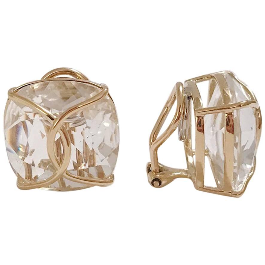 Jumbo Rock Crystal Cushion Stud Earring with Yellow Gold Wire Wrap For Sale