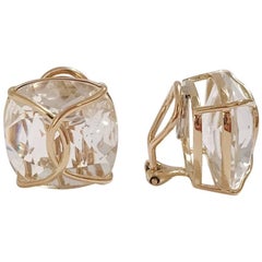 Jumbo Rock Crystal Cushion Stud Earring with Yellow Gold Wire Wrap