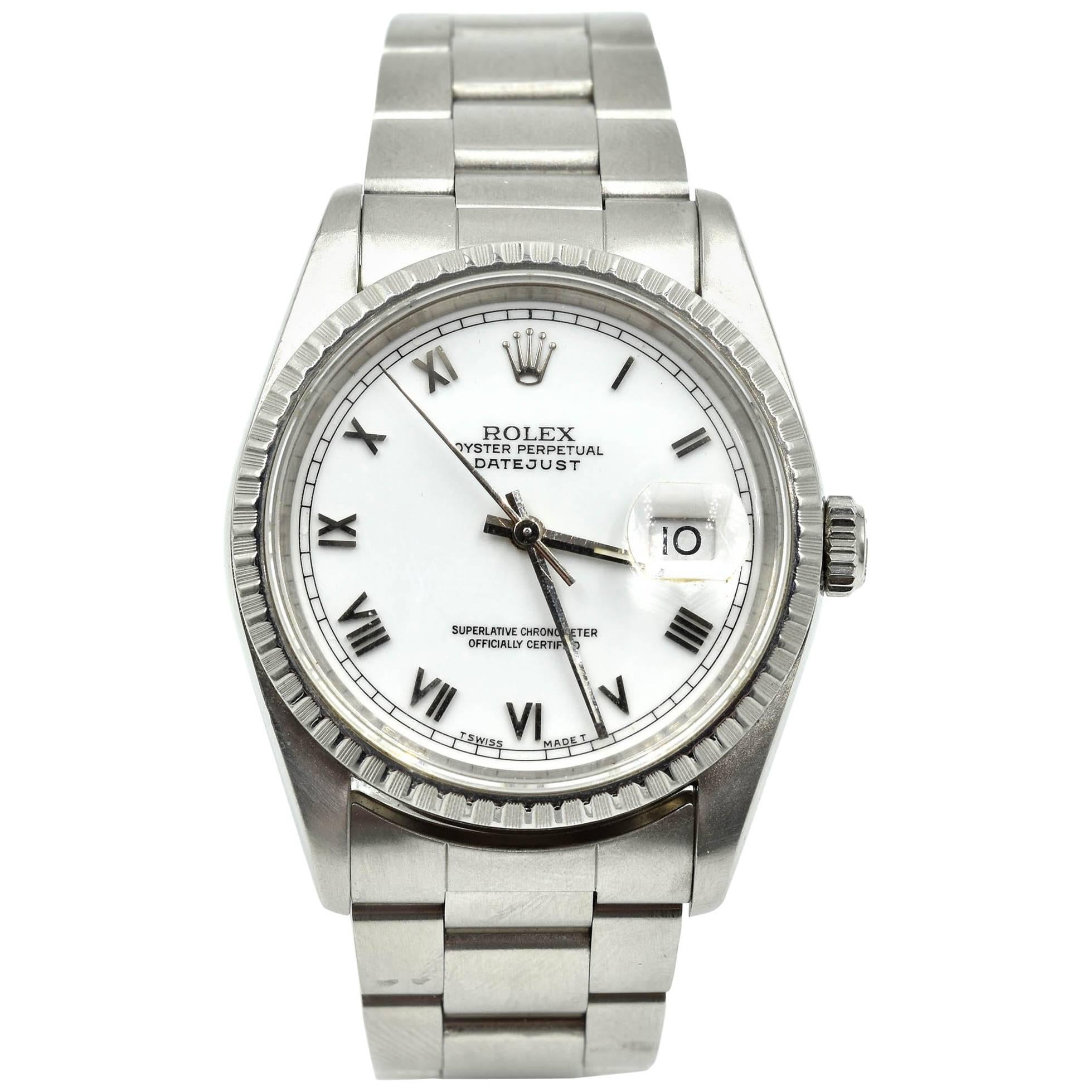 Rolex Stainless Steel Datejust White Roman Dial automatic Wristwatch Ref 16220
