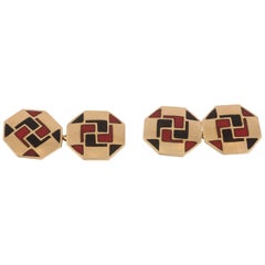 Art Deco Octagonal Cufflinks in 18 Karat Gold and Enamel, French circa 1930