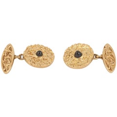 Cufflinks Heavy Carved 18 Carat Gold and Sapphire, French, circa 1900