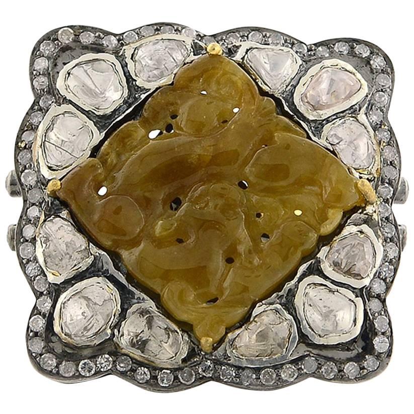 Diamantring aus Jade und Diamant im Rosenschliff im Angebot