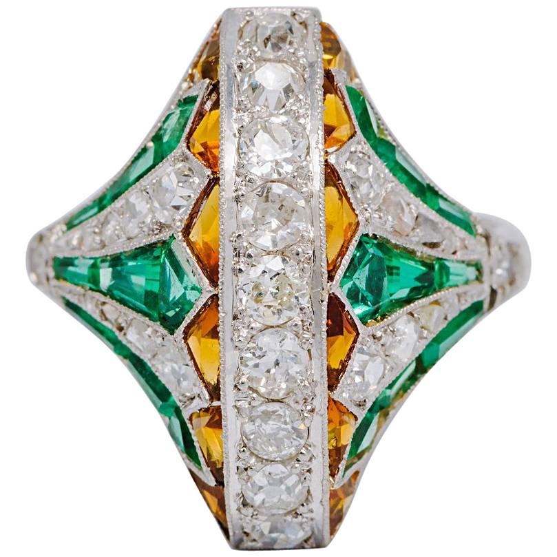 Emerald Cetrine Diamond  Art Deco Egyptian Revival Ring