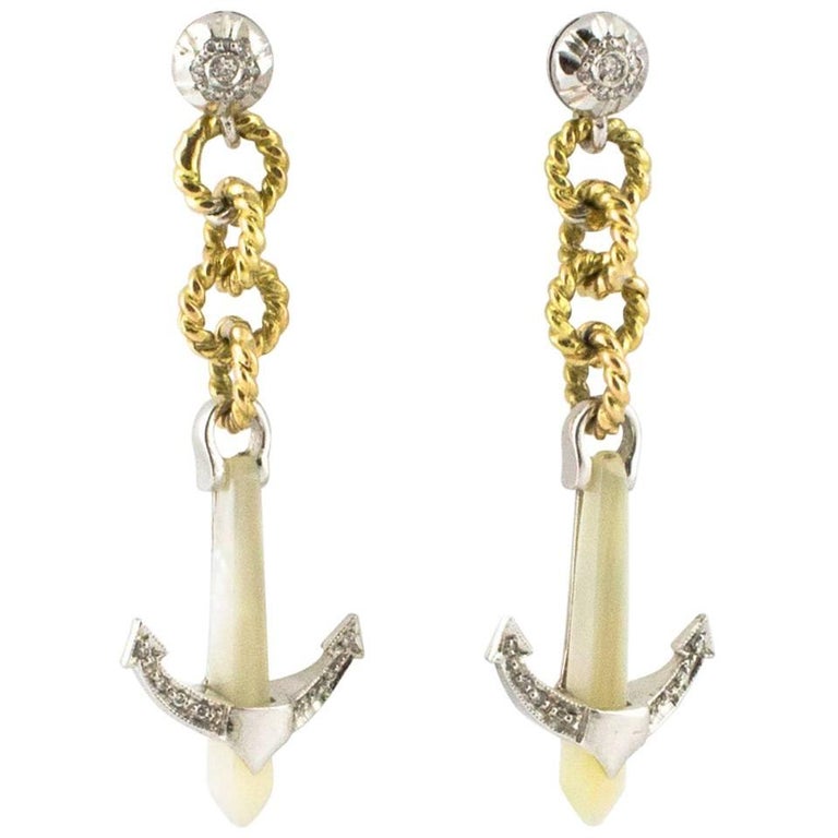 Diamond Mother Of Pearl Rose Gold Anchor Earrings For At 1stdibs Diamond Mother Of Pearl Rose Gold Anchor Earrings For