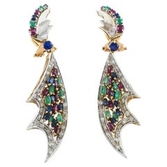 Dangle Earrings with ct 1, 76 Diamonds, Emeralds, ct 6, 58 Sapphires and Rubies