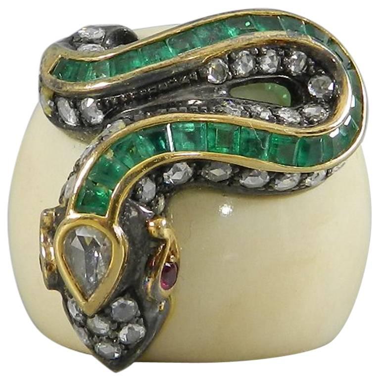Lotus Arts De Vivre Rose Cut Diamond Emerald Ruby Bone Snake Statement Ring
