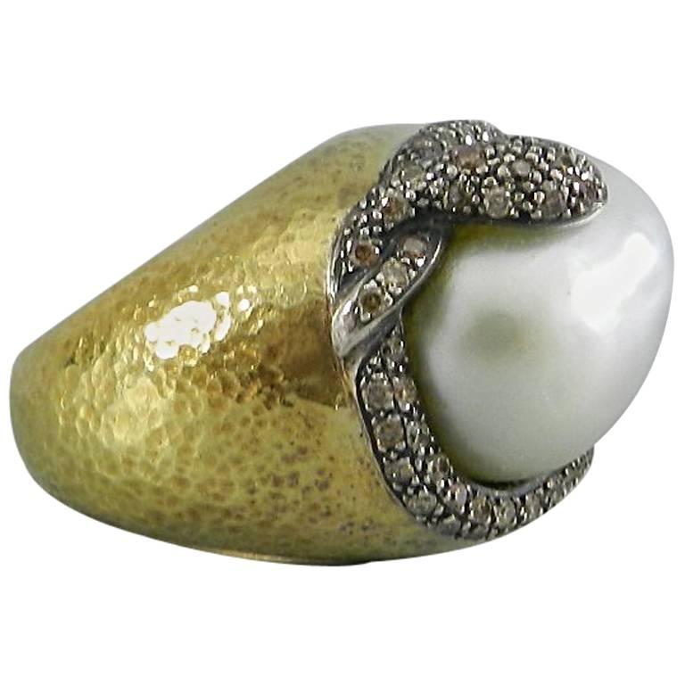 18 Karat Gold Baroque South Sea Pearl Diamond Snake Ring For Sale