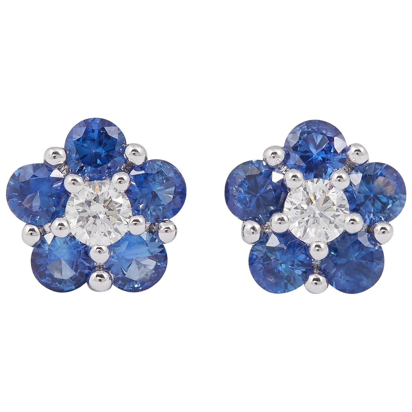 Sapphire and Diamonds Flower Shape Studs Earrings