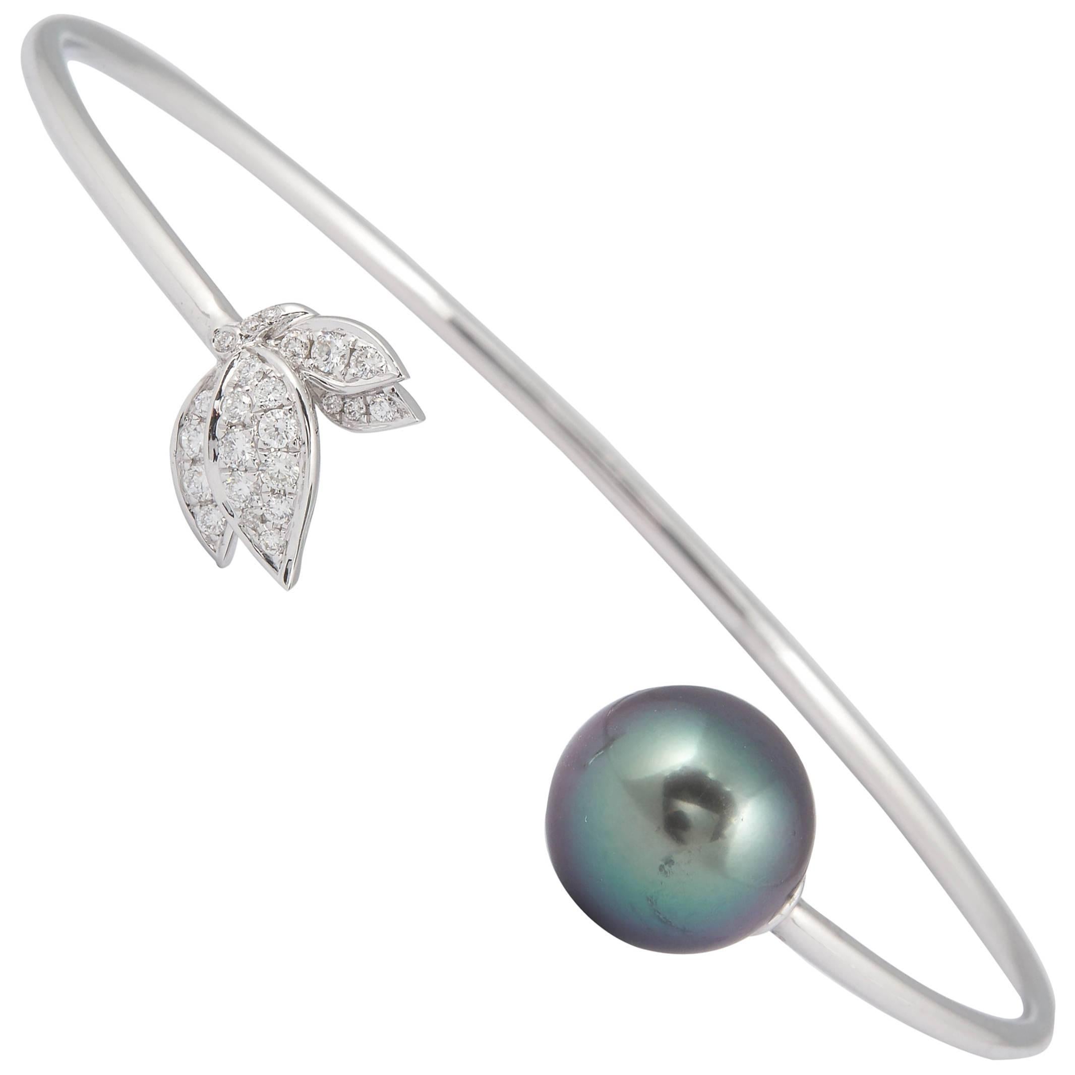 Tahitian Pearl Diamond Leaf Shape Bangle Bracelet 0.22 Carats 18K White Gold 