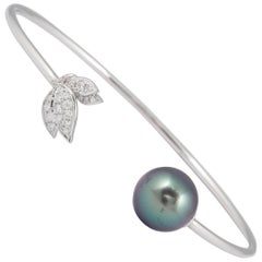 Tahitian Pearl Diamond Leaf Shape Bangle Bracelet 0.22 Carats 18K White Gold