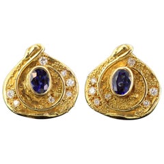 Elizabeth Gage 18 Karat Yellow Gold Diamonds Blue Sapphire Clip-On Earrings