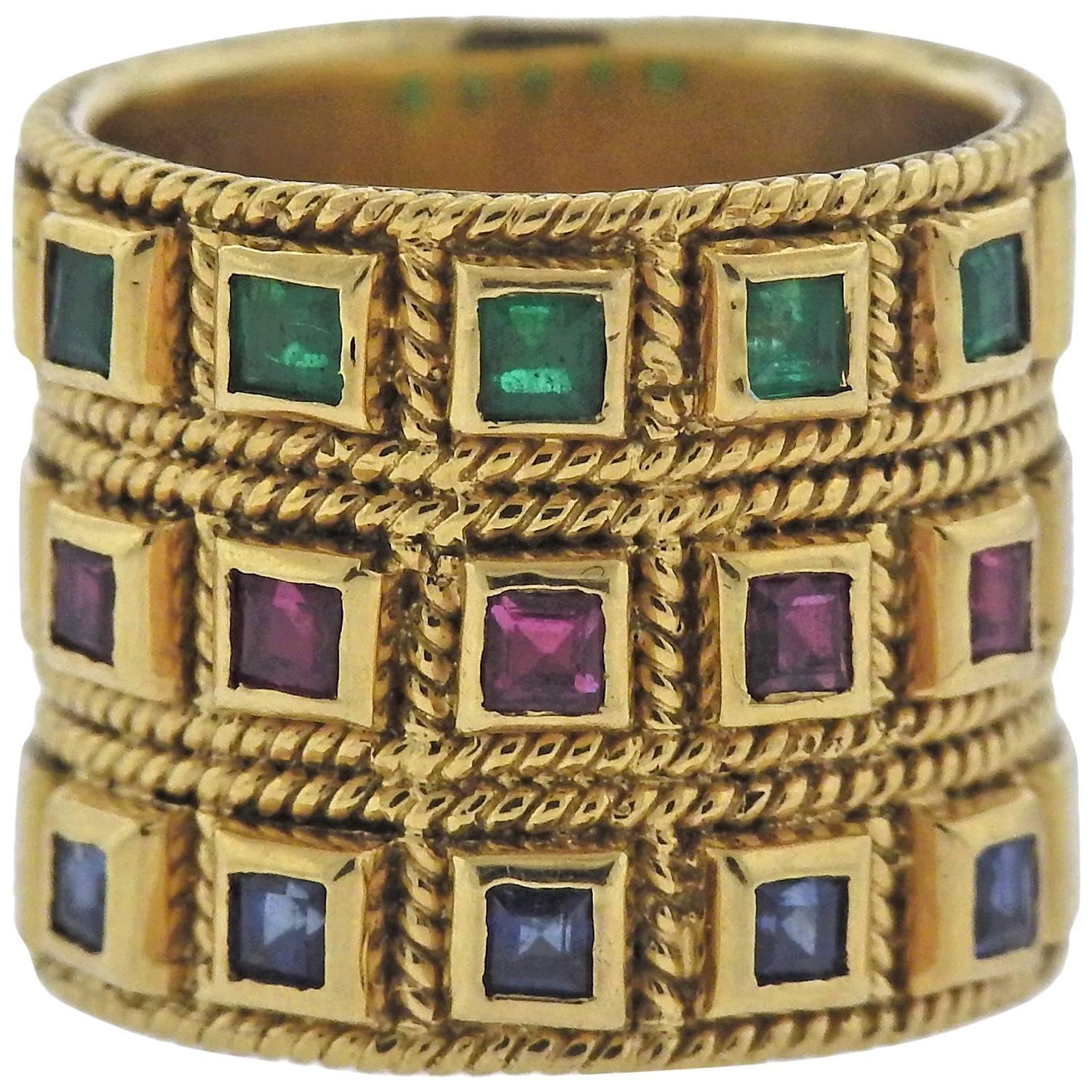 Sapphire Ruby Emerald Gold Wide Band Ring
