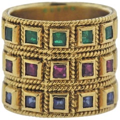 Sapphire Ruby Emerald Gold Wide Band Ring