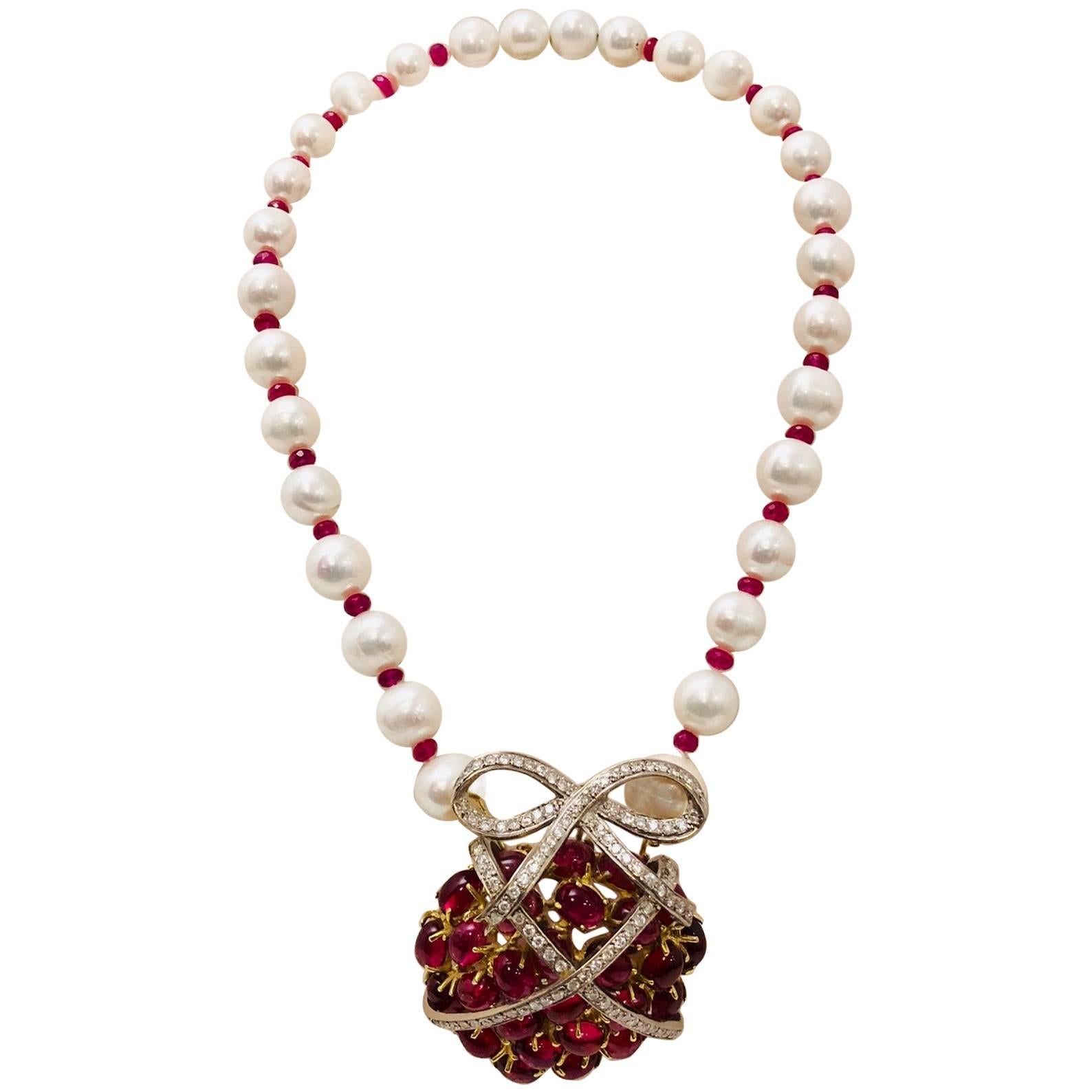 Julia Boss 18 Karat Pearl, Ruby, Rubellite, Diamond One of a Kind Necklace For Sale