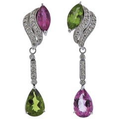 Pink Sapphire Peridot Diamond Gold Day and Night Earrings