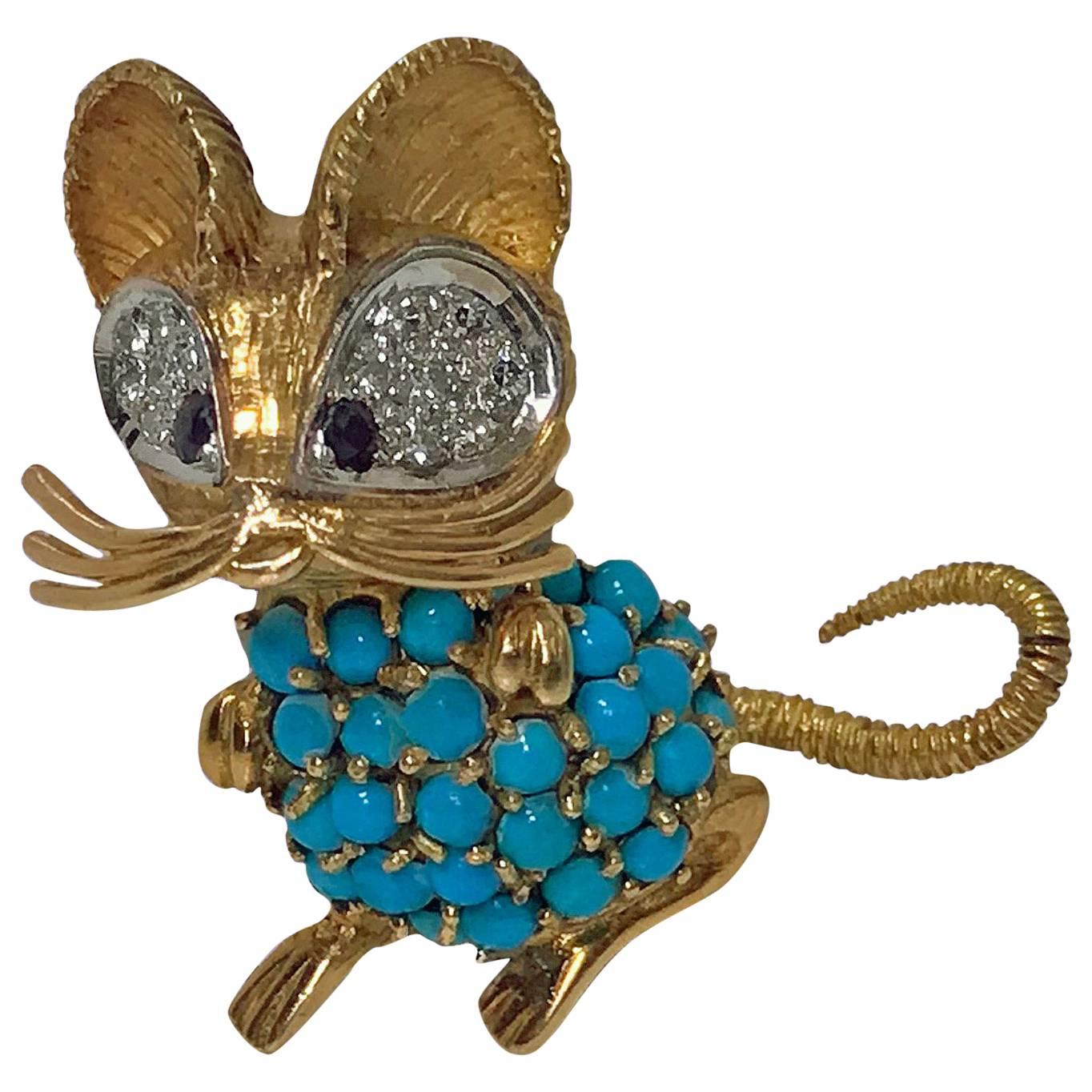 1970s Whimsical Mouse Brooch Pin 18 Karat Diamond, Turquoise and Sapphire