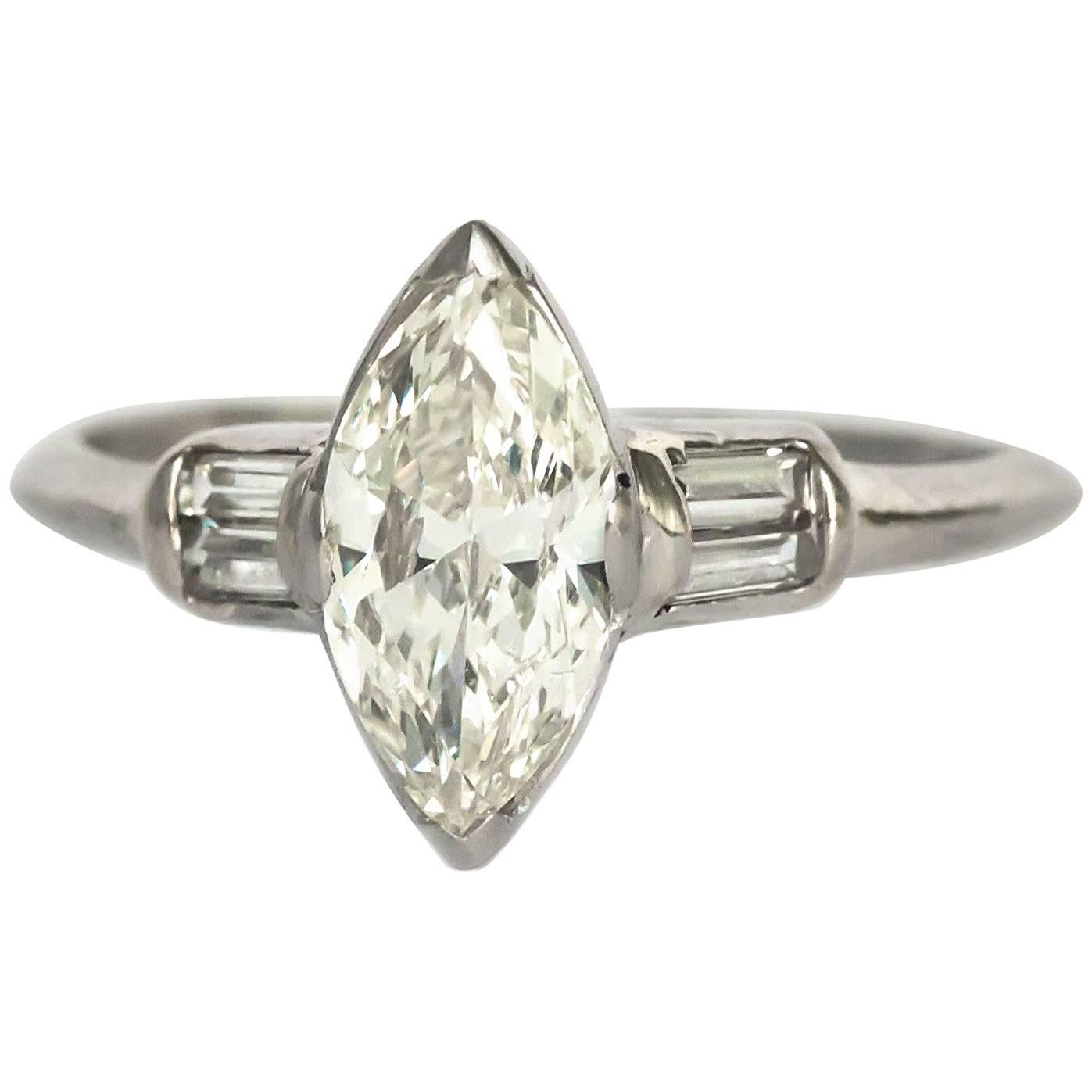 1933 Art Deco Platinum 1.00 Carat Antique Marquise Cut Diamond Engagement Ring