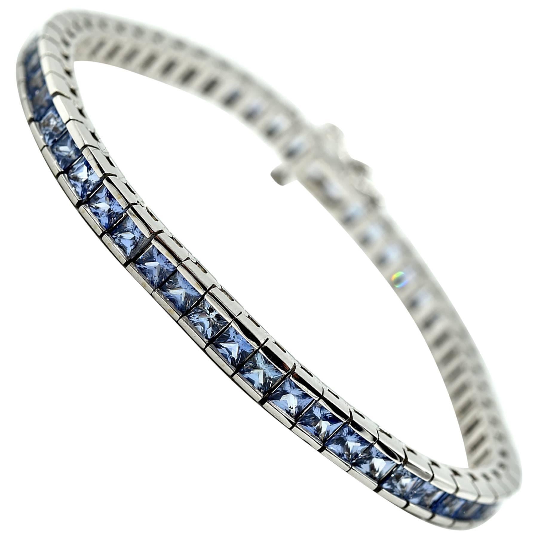 Blue Sapphire In-Line Tennis Bracelet 14k White Gold