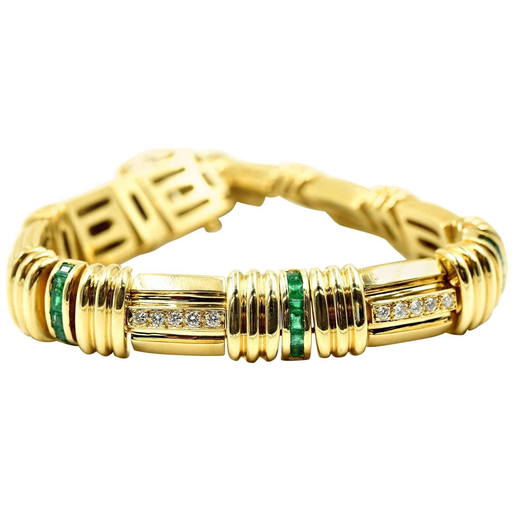 Diamond and Emerald Link Bracelet 18k Yellow Gold