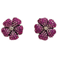 18 Karat Perfect Pink Sapphire and Diamond Flower Stud Earrings