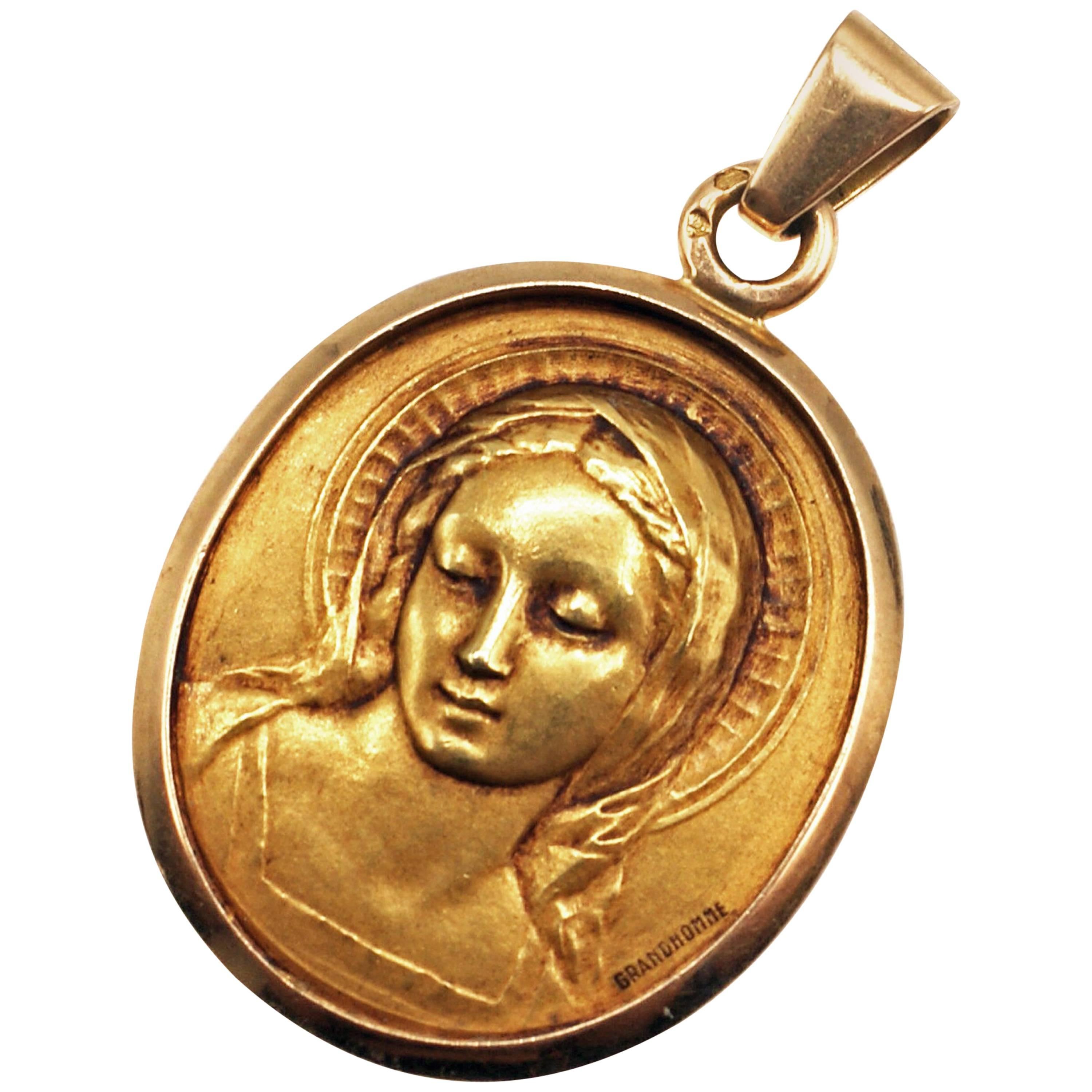 Grandhomme Antique French 18 Karat Gold Madonna Virgin Mary Medallion Pendant