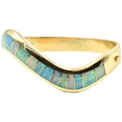 Mark Hileman Opal Inlay Hinged Bangle Bracelet 14k Yellow Gold