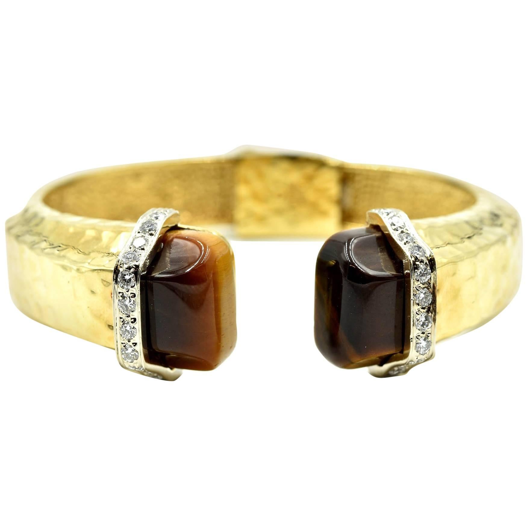 Bangle Bracelet Accented with Diamonds and Tigers Eye 18k Yellow Gold