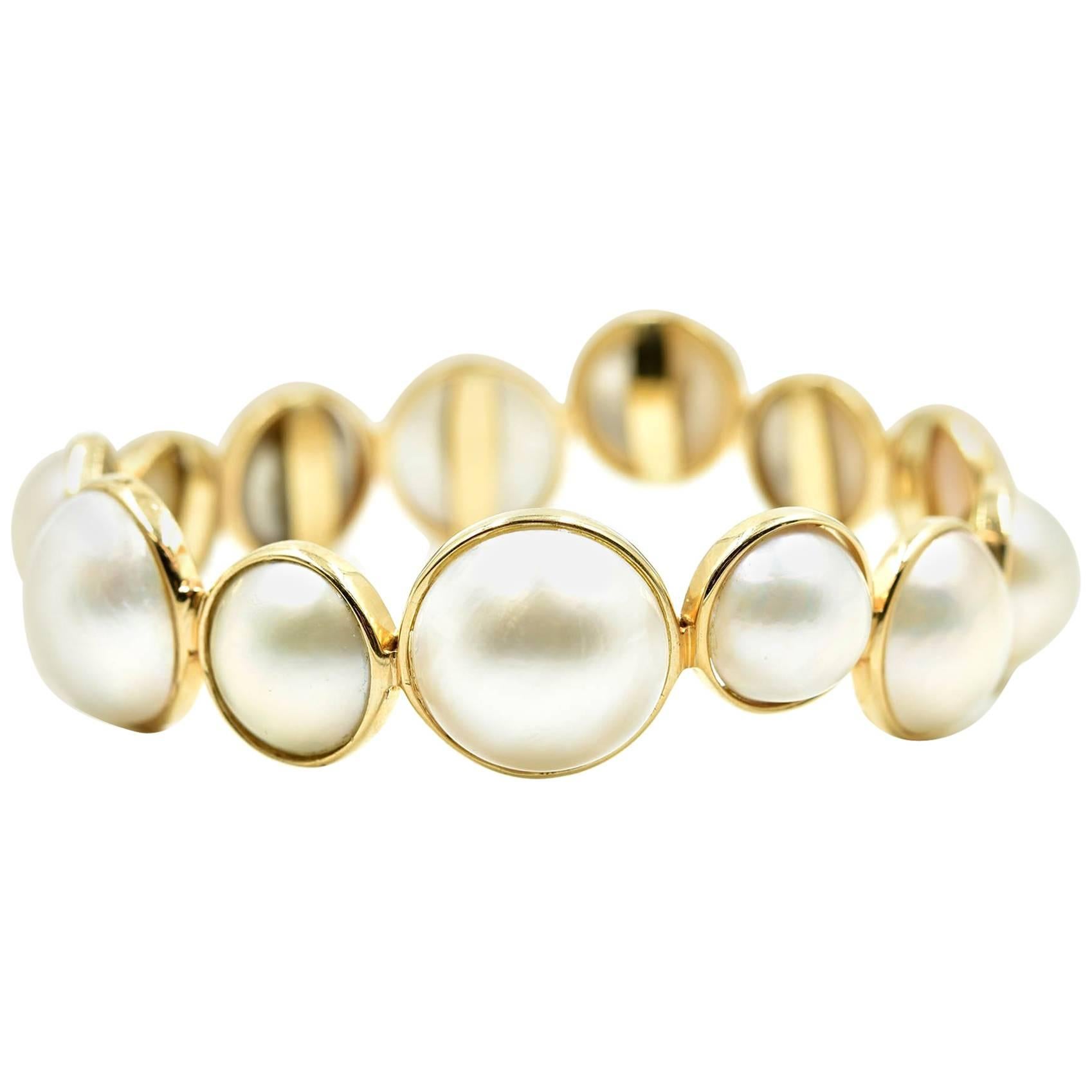 Pearl Bangle Bracelet 14k Yellow Gold For Sale