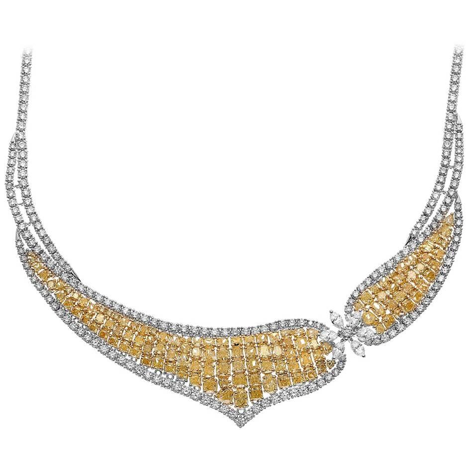 Fancy Yellow and White Diamond Bib Necklace in Two-Tone Gold For Sale