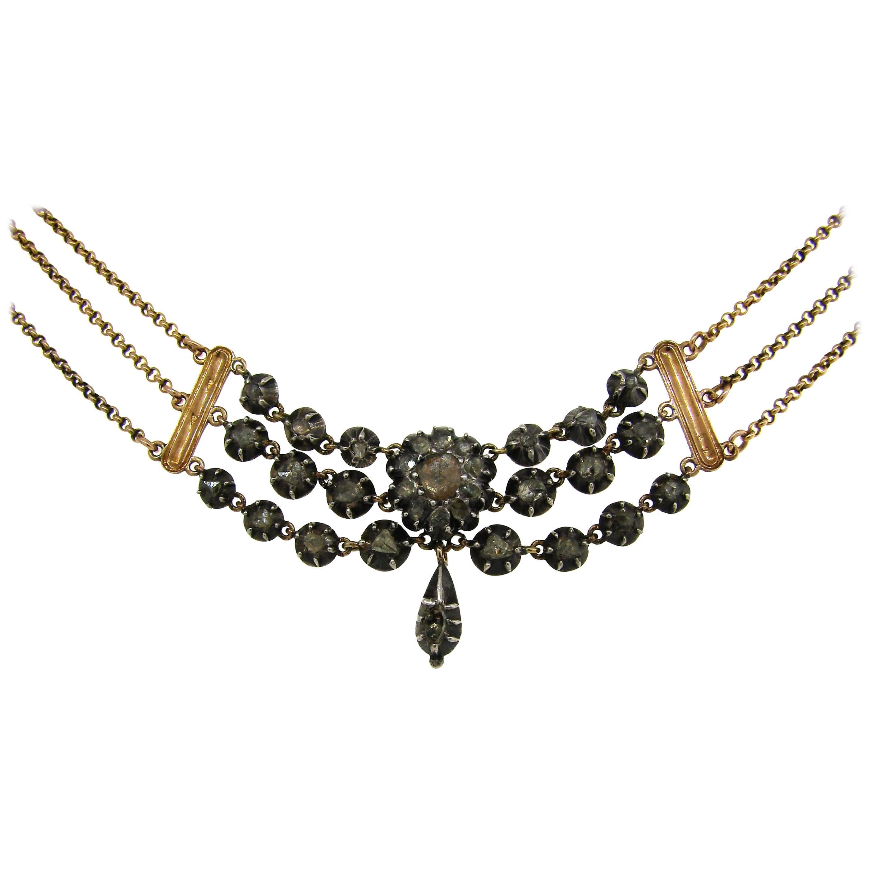 Georgianische Diamant-Silber-Gelbgold-Halskette, Französisch