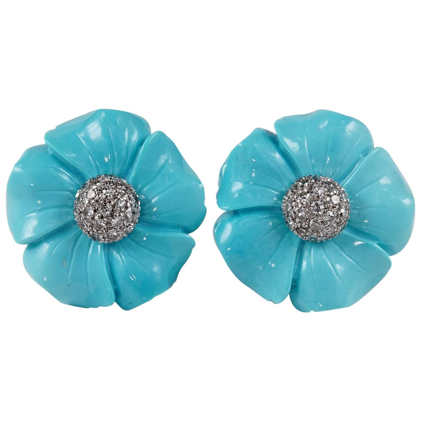 Vintage Flower Head Turquoise Diamond Earrings
