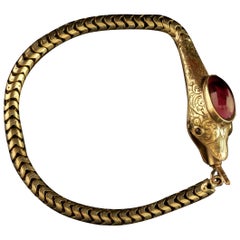 Antique Victorian 9 Carat Gold Garnet Snake Bracelet, circa 1870