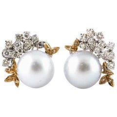 Vintage Diamonds Australian Pearls White Gold Drop Earrings 