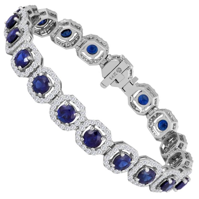 Blue Sapphire Round White Diamond Halo White Gold Fashion Bracelet