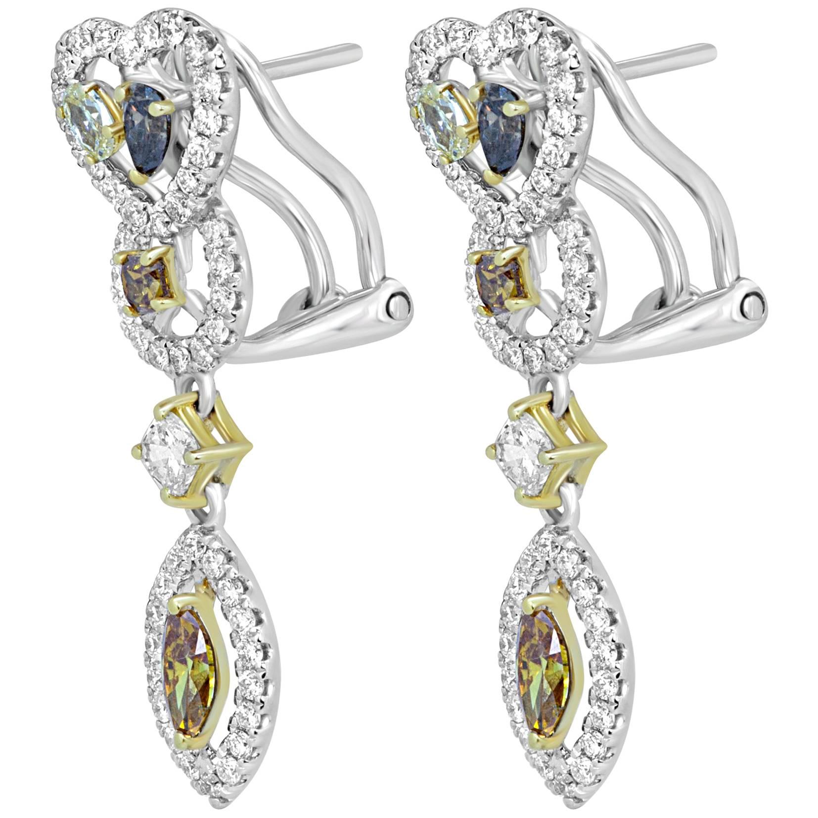 Natural Fancy Multicolor Diamond Halo Two-Color Gold Earring