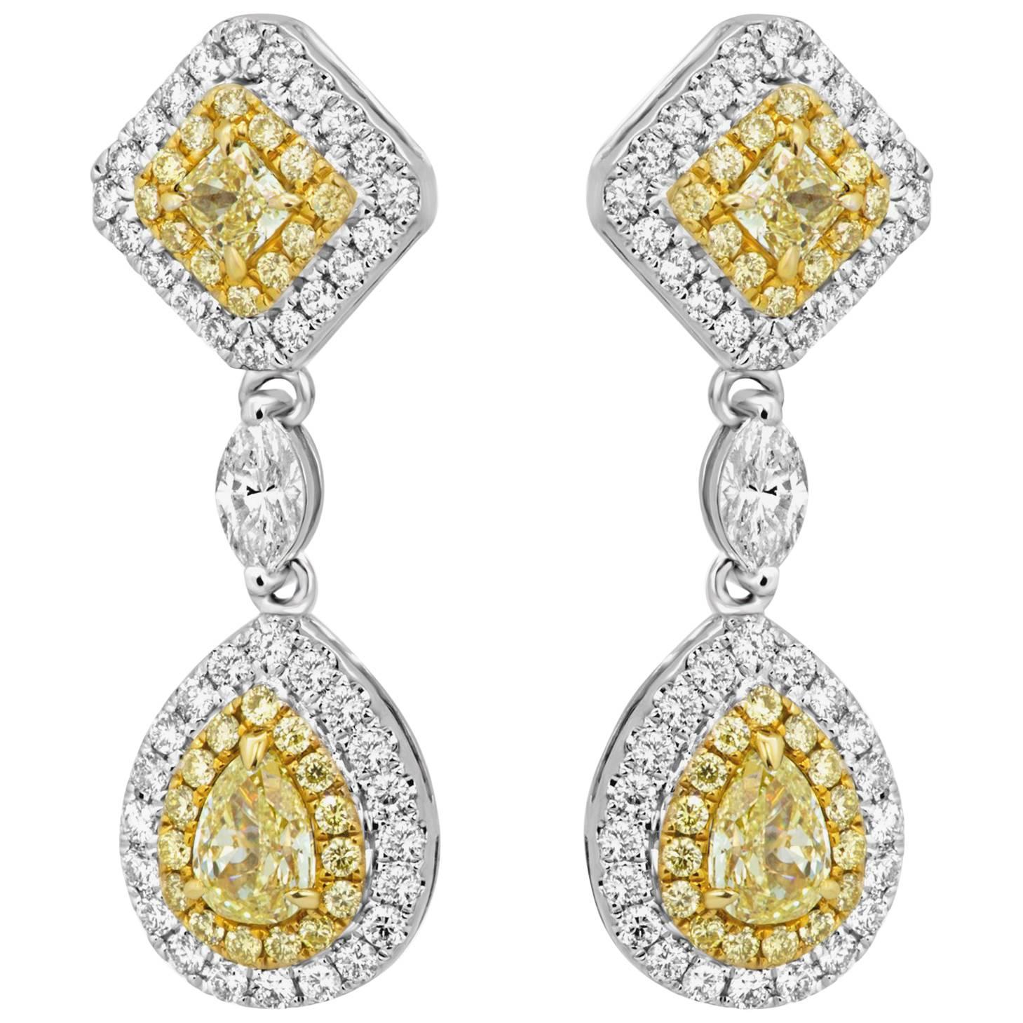 Natural Fancy Yellow Diamond White Diamond Double Halo Two-Color Gold Earring