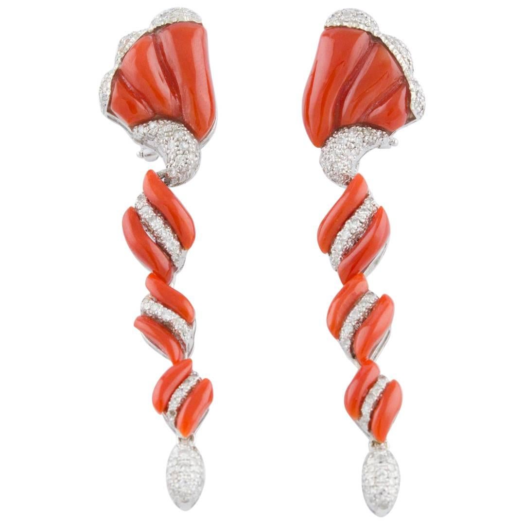 Engraved Red Coral, White Diamonds, 14K White Gold Spiral Clip-on Earrings