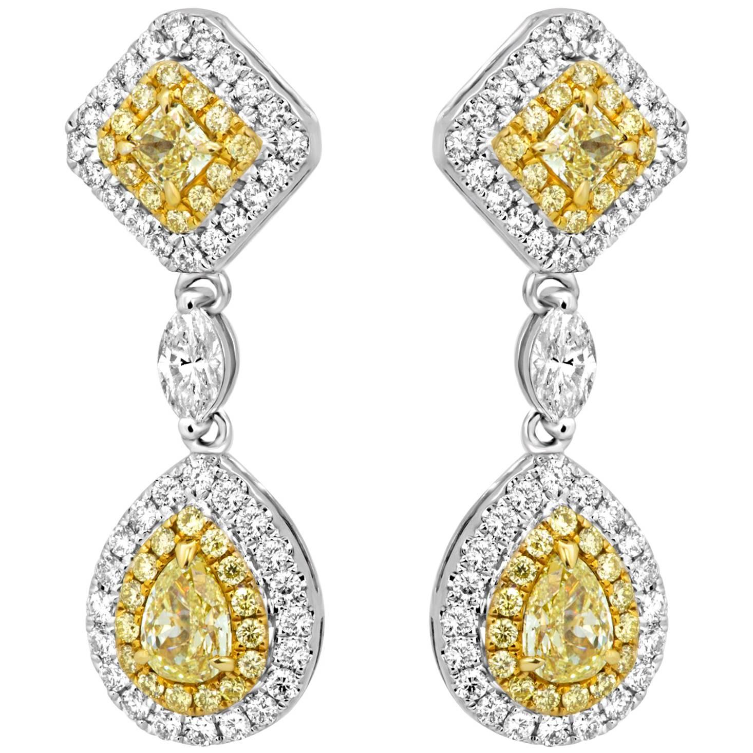 Natural Fancy Yellow Diamond Double Halo Two-Color Gold Earring