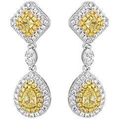 Natural Fancy Yellow Diamond Double Halo Two-Color Gold Earring
