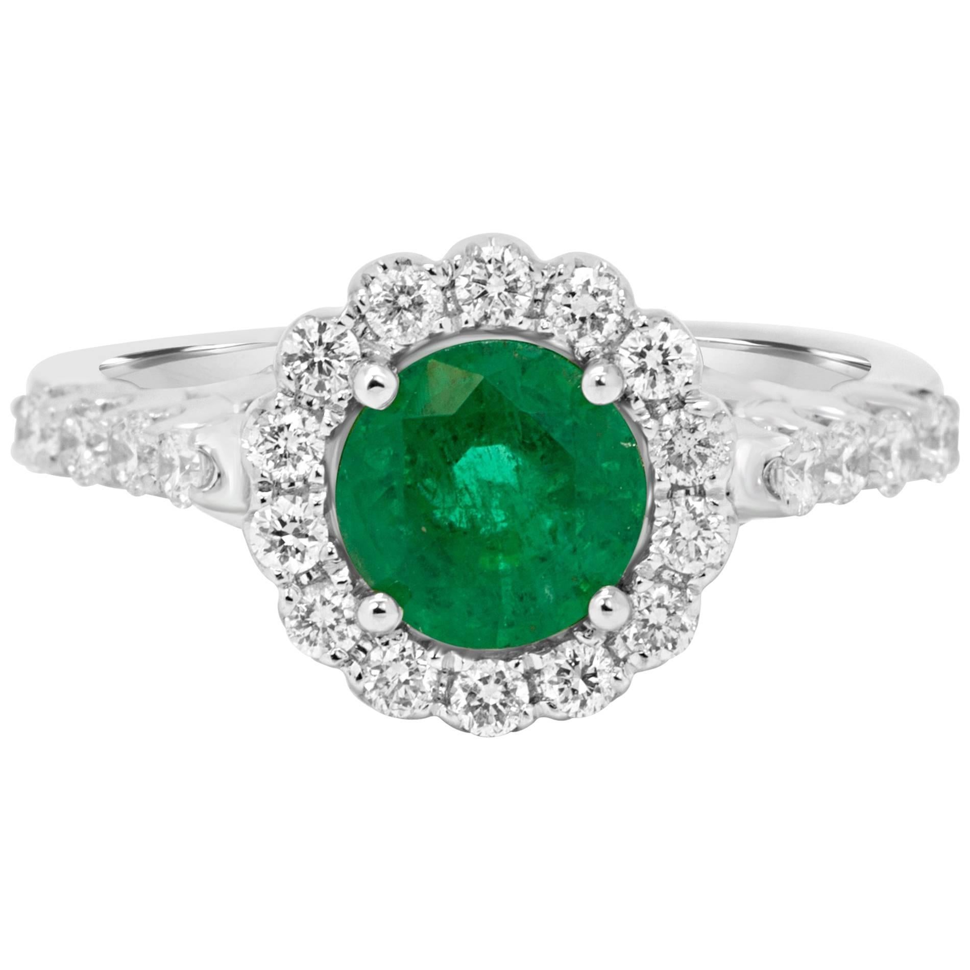 Emerald Round Diamond Halo White Gold Bridal Fashion Cocktail Ring