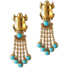 Vintage 1990s Cartier Egyptian Revival Turquoise Gold Scarab Clip-On Earrings